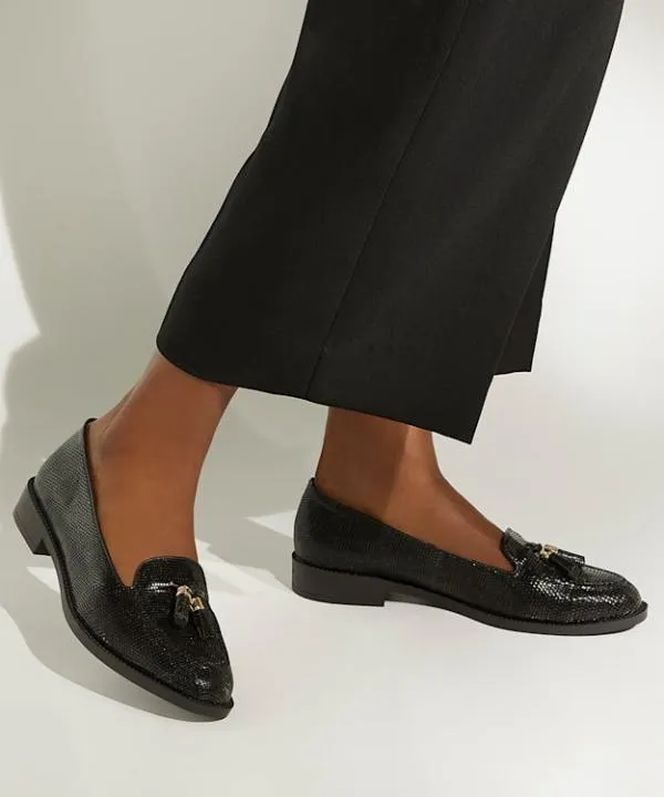 Dune London Flat Shoes Global Black Wide Fit TasselTrim Loafers Dune London Black Leather 8211 Women