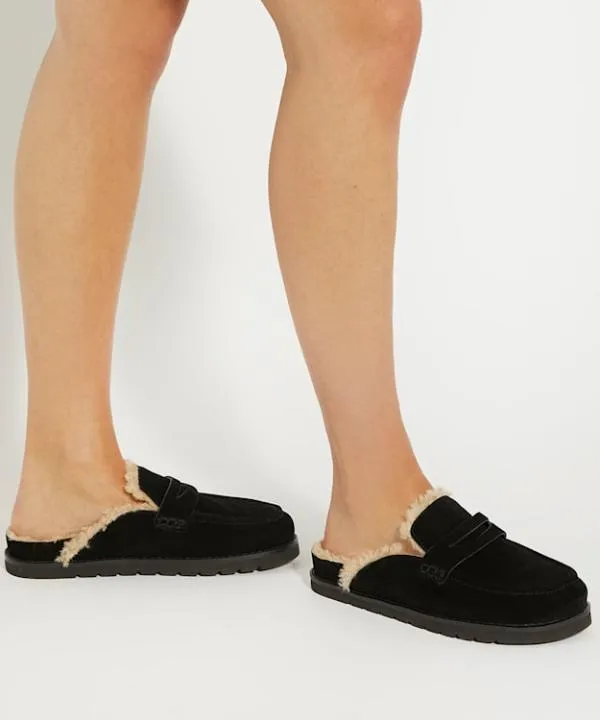 Dune London Flat Shoes Goldy Black Faux Shearling Lined Backless Mule Suede Loafers Dune London Black 8211 Women