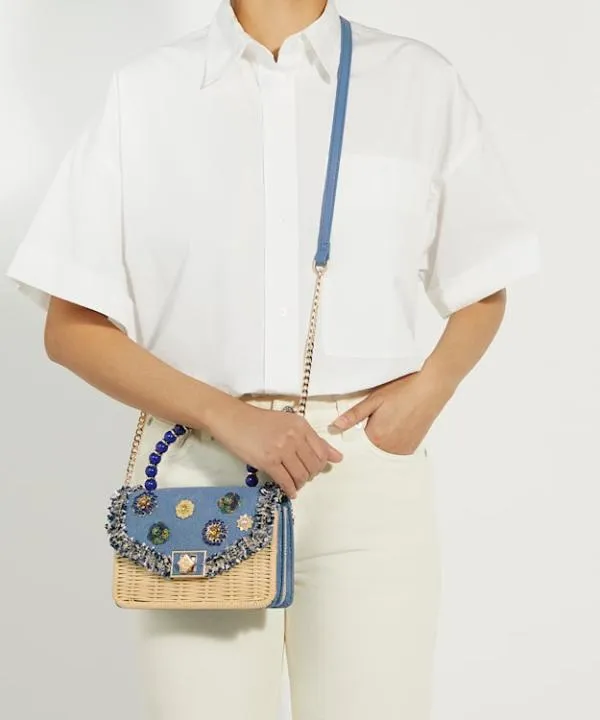 Dune London Handbags Blooms Blue Beaded Handle Embellished Denim Cross Body Bag Dune London Blue 8211 Women