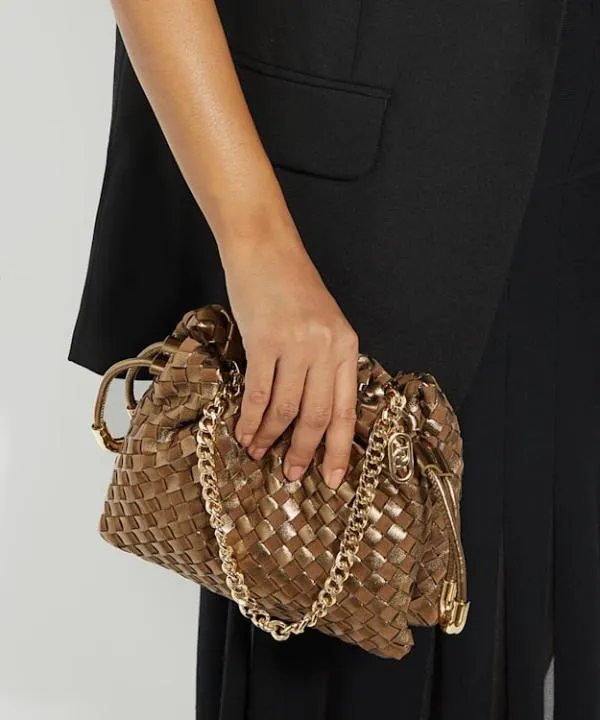 Dune London Handbags Primrose S Bronze Small Drawstring Woven Leather Bag Dune London Metallic 8211 Women Dune London Handbags Primrose S Bronze Small Drawstring Woven Leather Bag Dune London Metallic 8211 Women