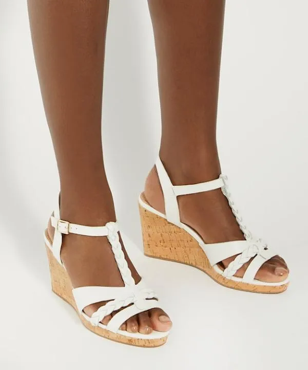 Dune London Heeled Sandals Koali White Wide Fit Plaited Leather Cork Wedge Sandals Dune London White 8211 Women
