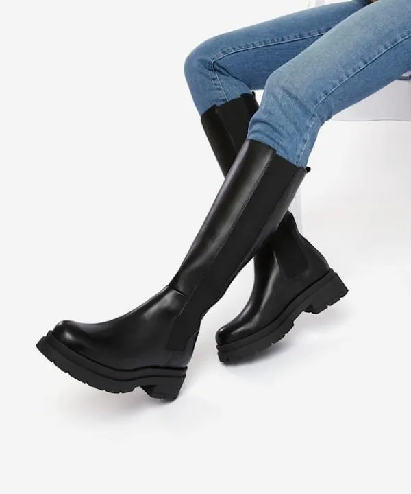 Dune London Knee High Boots Tempas Black ChunkySole Leather KneeHigh Boots Dune London Black 8211 Women