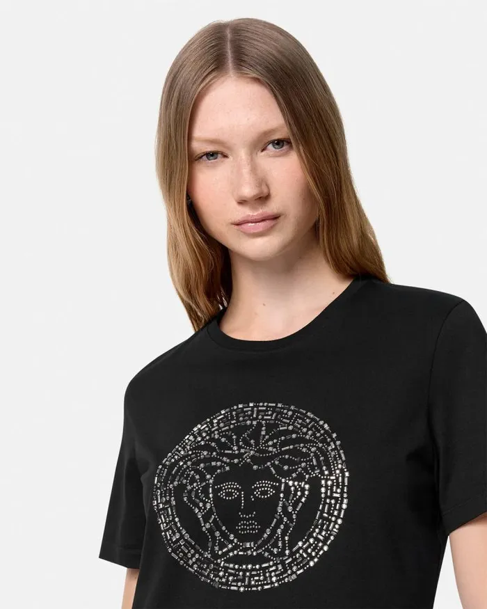 Embellished Medusa TShirt Black Women Versace TShirts and Sweatshirts
