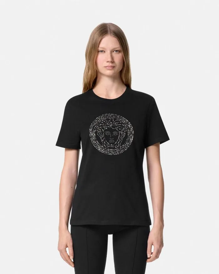 Embellished Medusa TShirt Black Women Versace TShirts and Sweatshirts