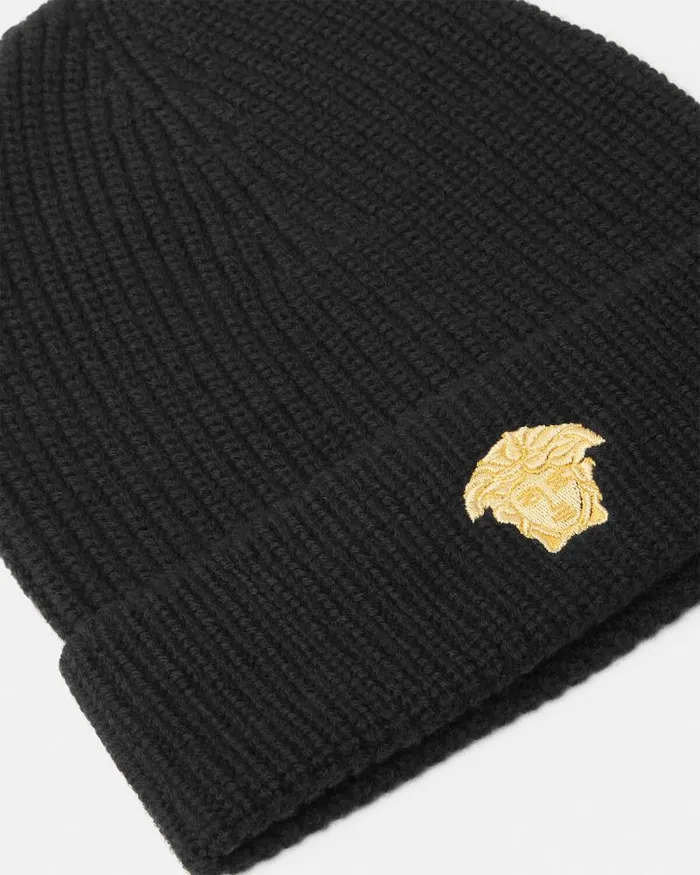 Embroidered Medusa Kids Knit Beanie Black Children Versace Accessories