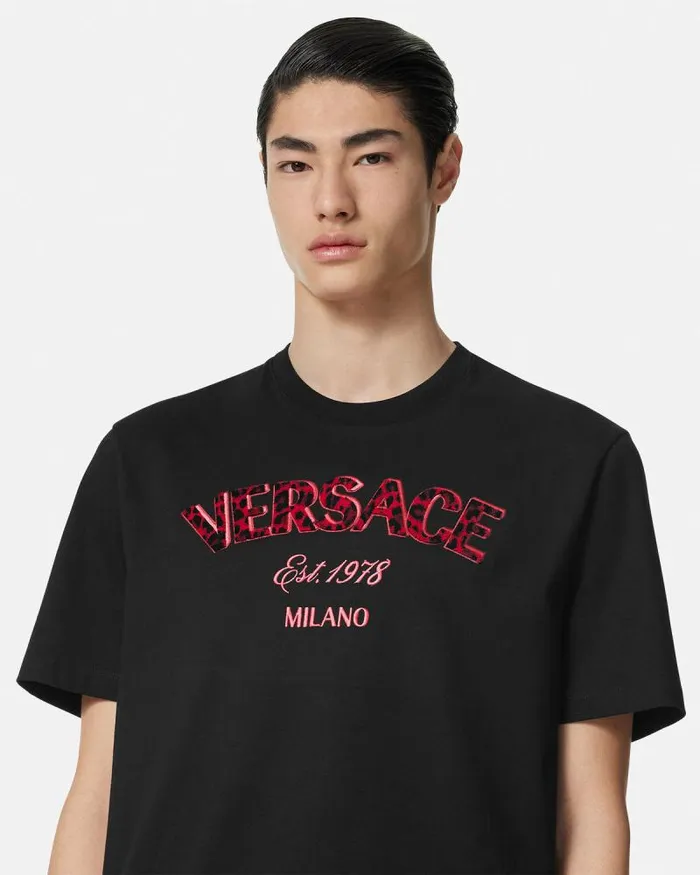Embroidered Versace Wild Stamp TShirt Black Men Versace TShirts and Polos
