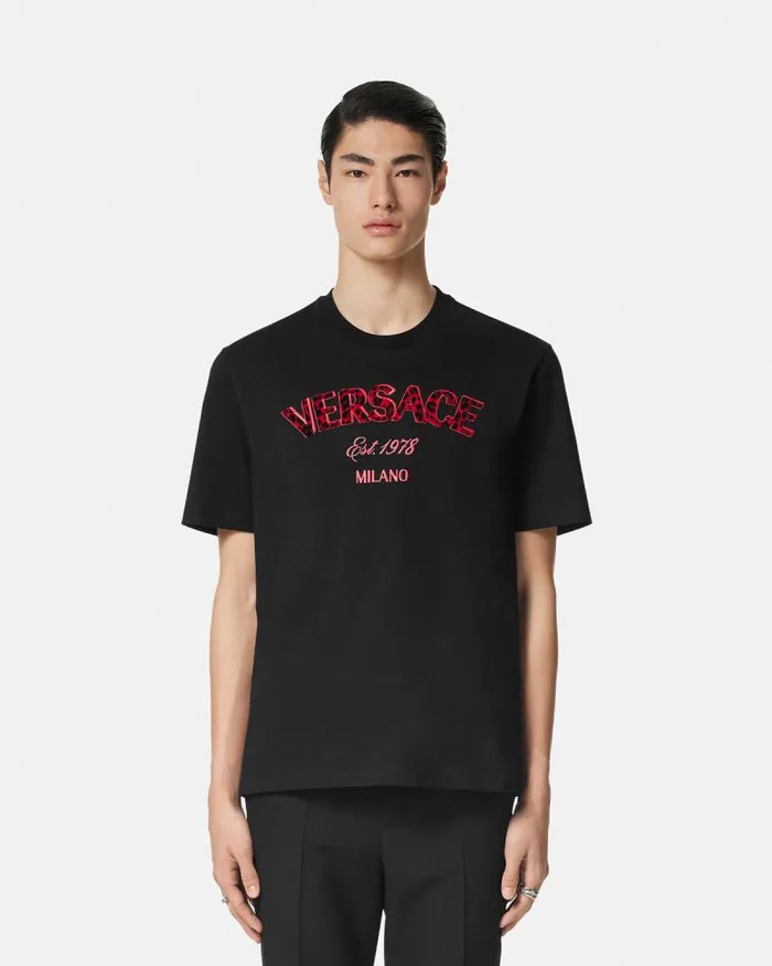 Embroidered Versace Wild Stamp TShirt Black Men Versace TShirts and Polos