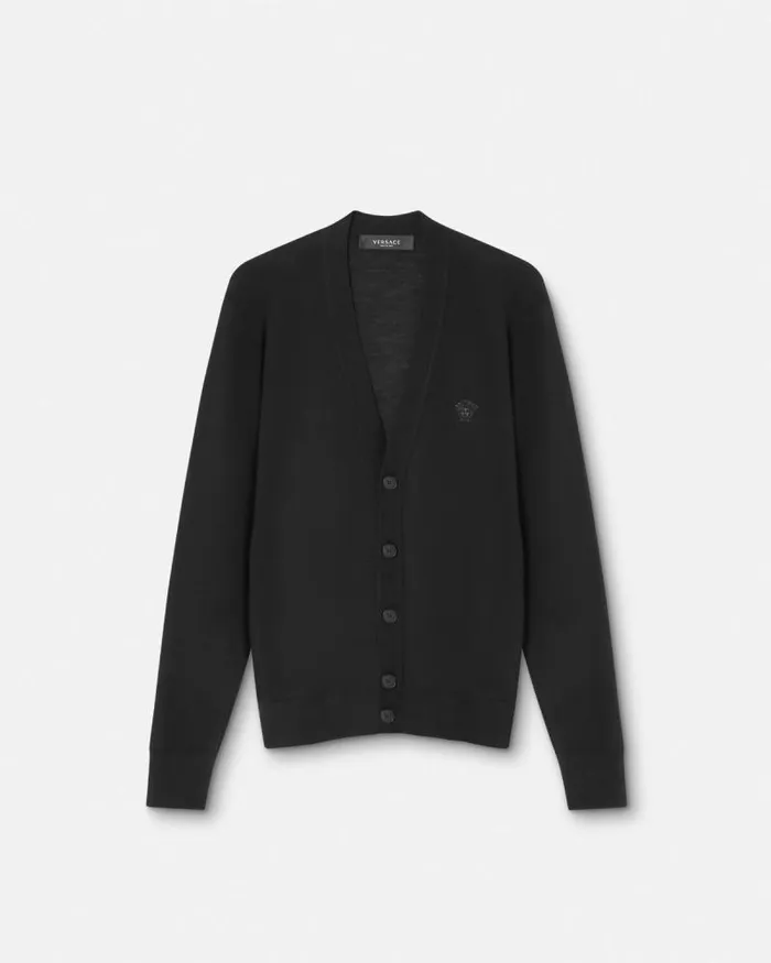 Embroidered WoolBlend Cardigan Black Men Versace Knitwear