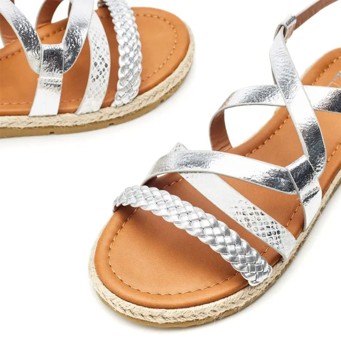 Flat Sandals Women Moda In Pelle Nanccey Silver Metallic
