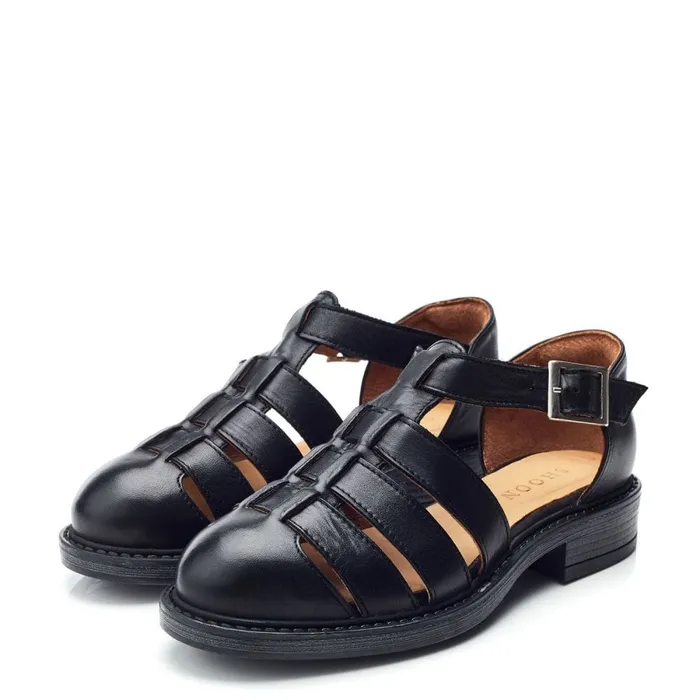 Flat Sandals Women Moda In Pelle Shoon Sh Imari Black Leather