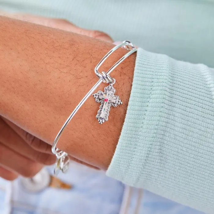 Floral Cross Charm Bangle Bracelet Silver Women Alex And Ani Easter