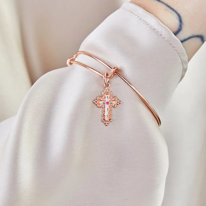 Floral Cross Charm Bangle Bracelet Silver Women Alex And Ani Easter