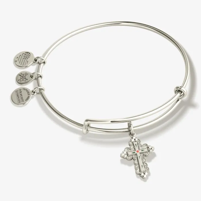 Floral Cross Charm Bangle Bracelet Silver Women Alex And Ani Iconic Alex And Ani