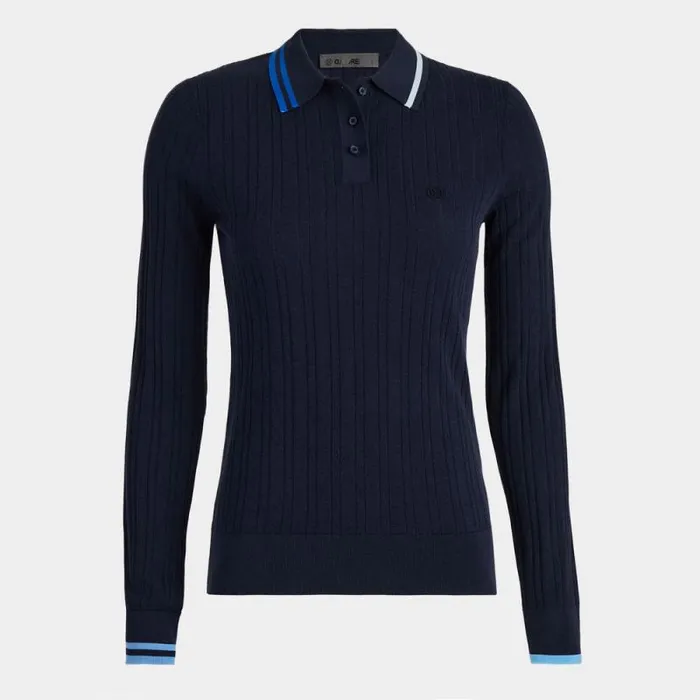 GFORE CONTRAST STRIPE COTTON BLEND RIBBED LONG SLEEVE KNIT POLO Twilight Women Polos and Shirts GFORE CONTRAST STRIPE COTTON BLEND RIBBED LONG SLEEVE KNIT POLO Twilight Women Polos and Shirts