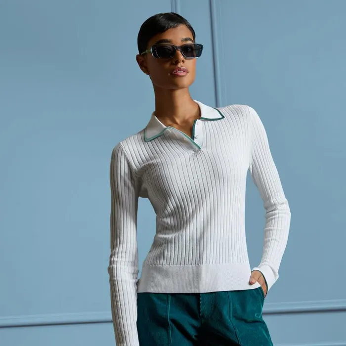 GFORE COTTON BLEND LONG SLEEVE KNIT POLO Snow Women Polos and Shirts GFORE COTTON BLEND LONG SLEEVE KNIT POLO Snow Women Polos and Shirts