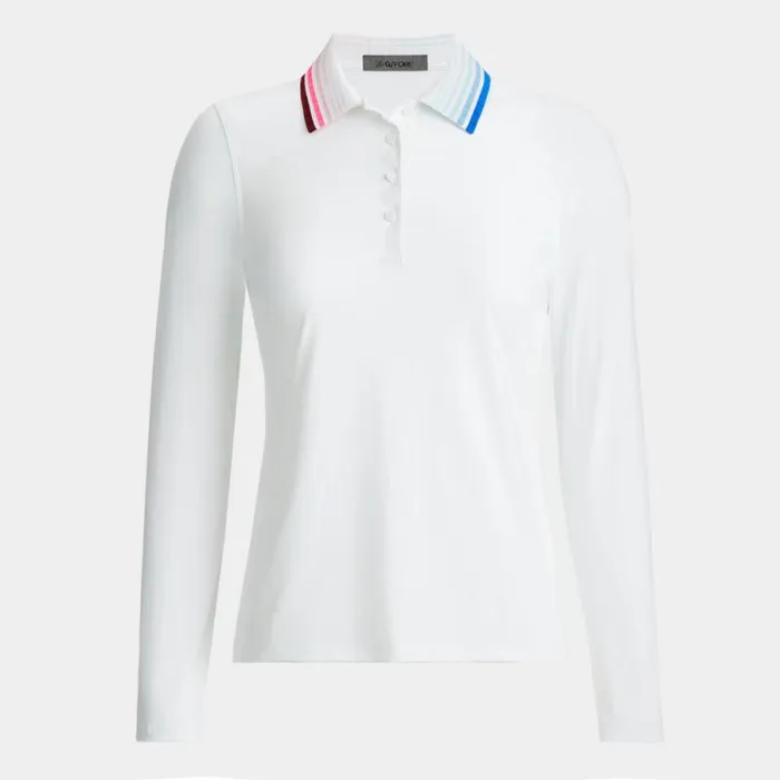 GFORE PLEATED CONTRAST COLLAR SILKY TECH NYLON LONG SLEEVE POLO Snow Women Polos and Shirts GFORE PLEATED CONTRAST COLLAR SILKY TECH NYLON LONG SLEEVE POLO Snow Women Polos and Shirts
