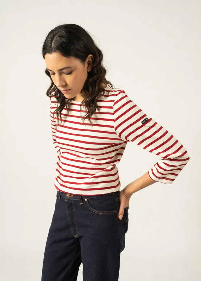 Galathee Ii Breton Striped Top With Sleeve Soft Cotton Ecrumaroon Women Saint James Breton Striped Shirts
