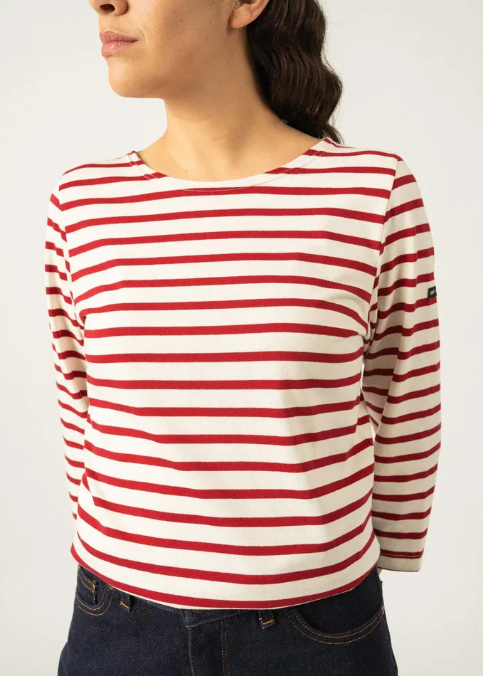 Galathee Ii Breton Striped Top With Sleeve Soft Cotton Ecrumaroon Women Saint James Breton Striped Shirts