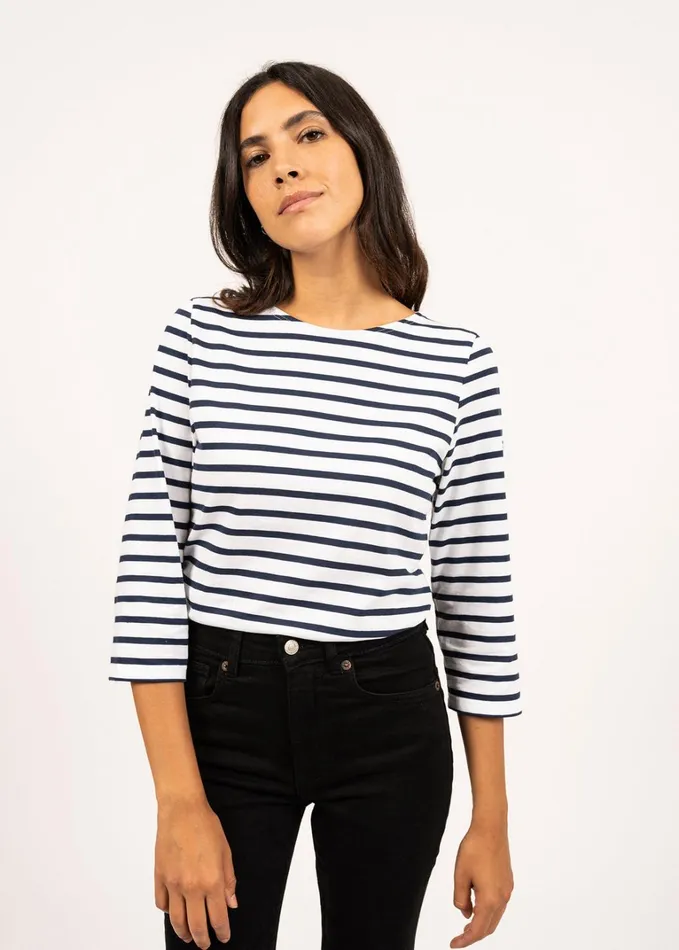 Galathee Ii Breton Striped Top With Sleeve Soft Cotton Whitenavy Women Saint James Breton Striped Shirts