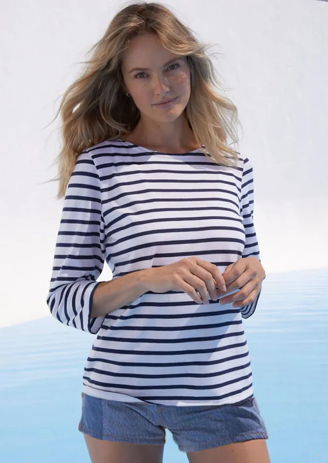 Galathee Ii Breton Striped Top With Sleeve Soft Cotton Whitenavy Women Saint James Breton Striped Shirts