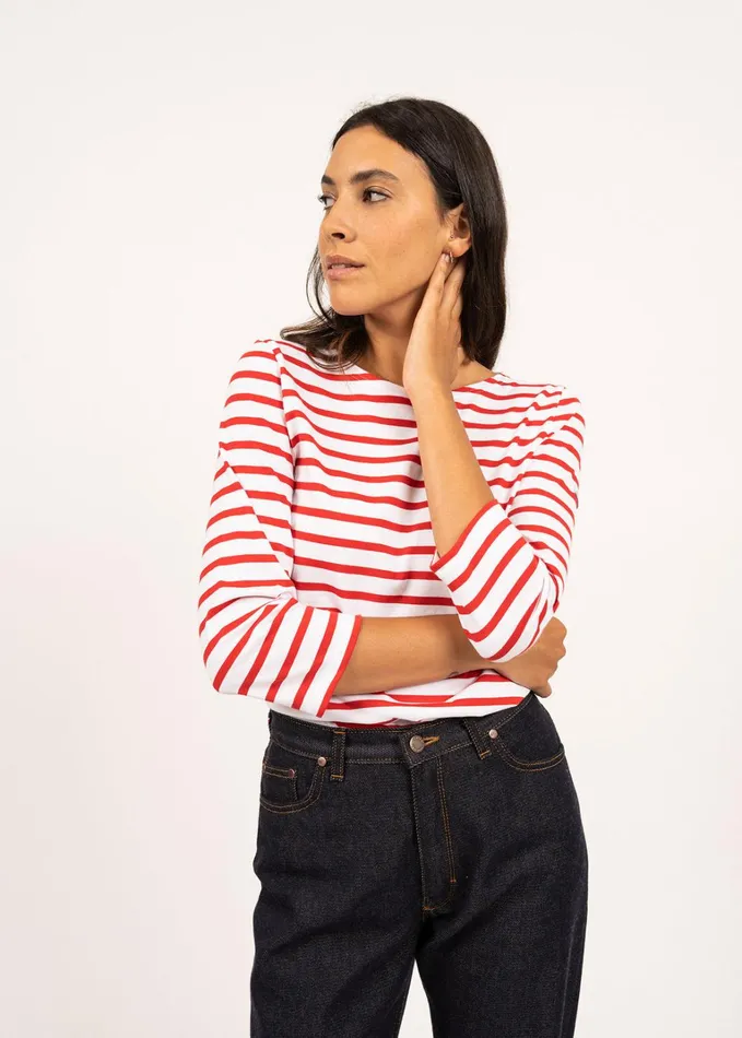 Galathee Ii Breton Striped Top With Sleeve Soft Cotton Whitered Women Saint James Breton Striped Shirts