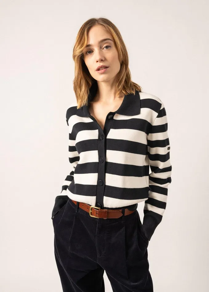 Galway Striped Cardigan With Polo Collar Cotton and Cashmere Navyivory Women Saint James Sweaters Cardigans and Jackets