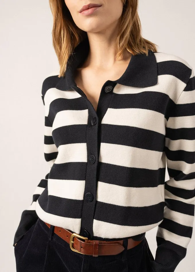 Galway Striped Cardigan With Polo Collar Cotton and Cashmere Navyivory Women Saint James Sweaters Cardigans and Jackets