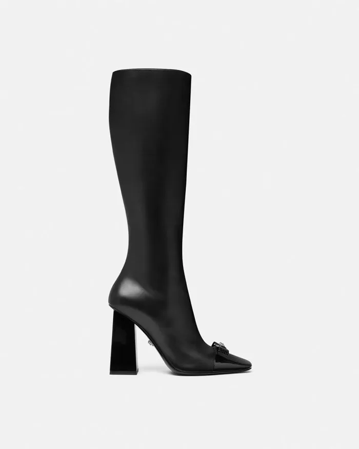 Gianni Ribbon Leather Boots 105 Mm Blacksilver Women Versace Boots