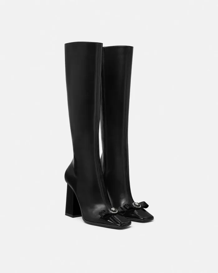 Gianni Ribbon Leather Boots 105 Mm Blacksilver Women Versace Boots