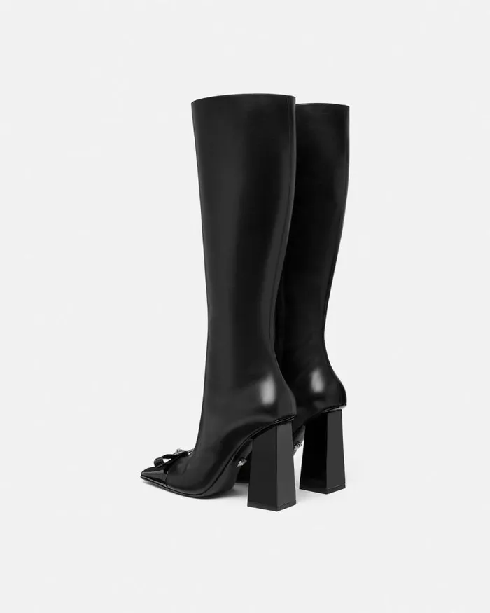 Gianni Ribbon Leather Boots 105 Mm Blacksilver Women Versace Boots