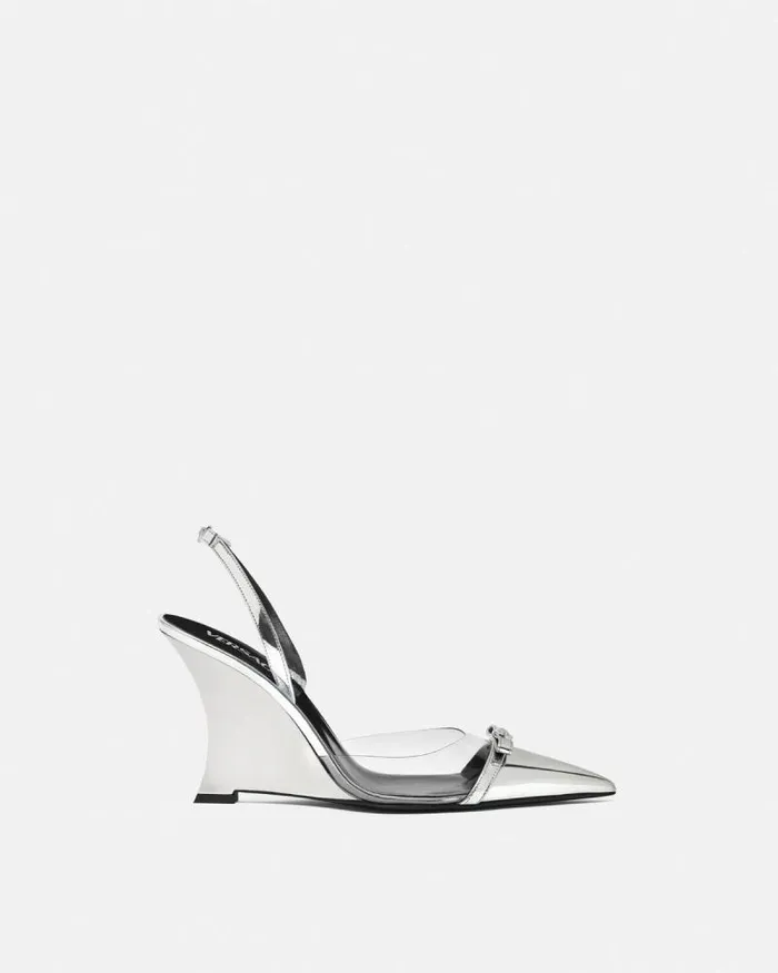 Gianni Ribbon Metallic Wedge Pumps 95 Mm Silver Women Versace Pumps and Slingbacks Gianni Ribbon Metallic Wedge Pumps 95 Mm Silver Women Versace Pumps and Slingbacks