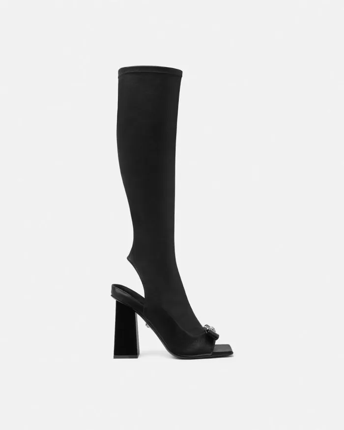 Gianni Ribbon Open KneeHigh Boots 105 Mm Blacksilver Women Versace Boots