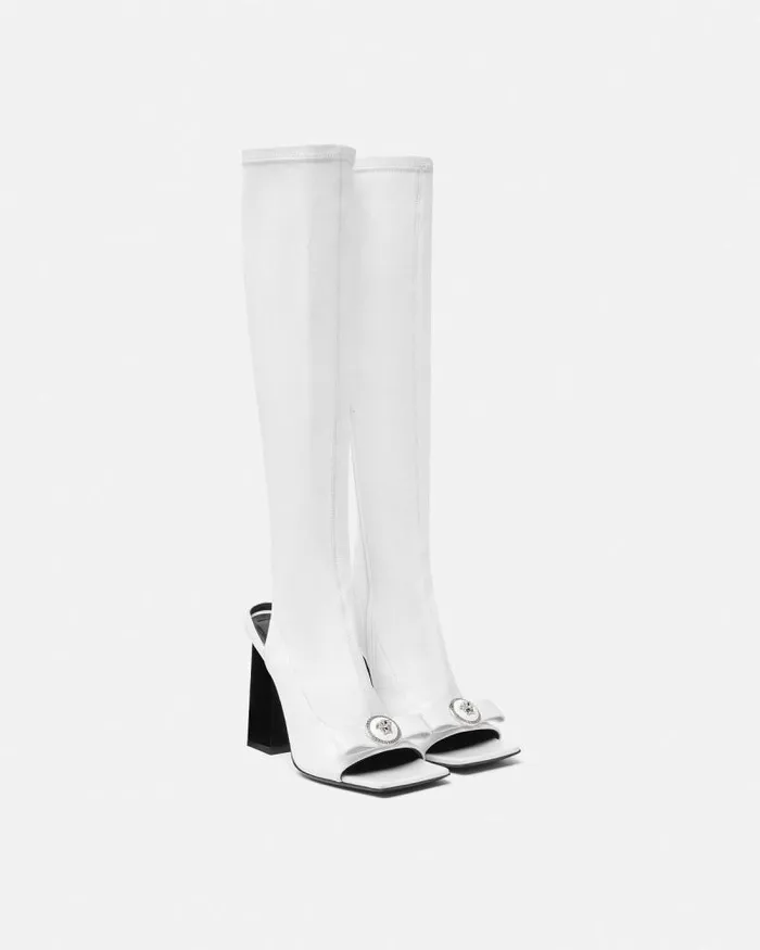 Gianni Ribbon Open KneeHigh Boots 105 Mm White Women Versace Boots