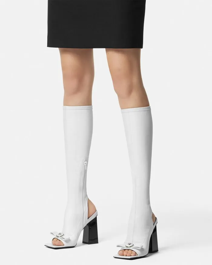 Gianni Ribbon Open KneeHigh Boots 105 Mm White Women Versace Boots