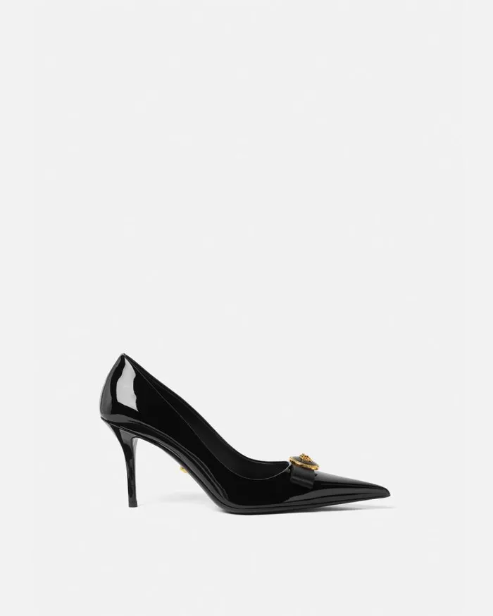 Gianni Ribbon Patent Pumps 85 Mm Blackgold Women Versace Pumps and Slingbacks
