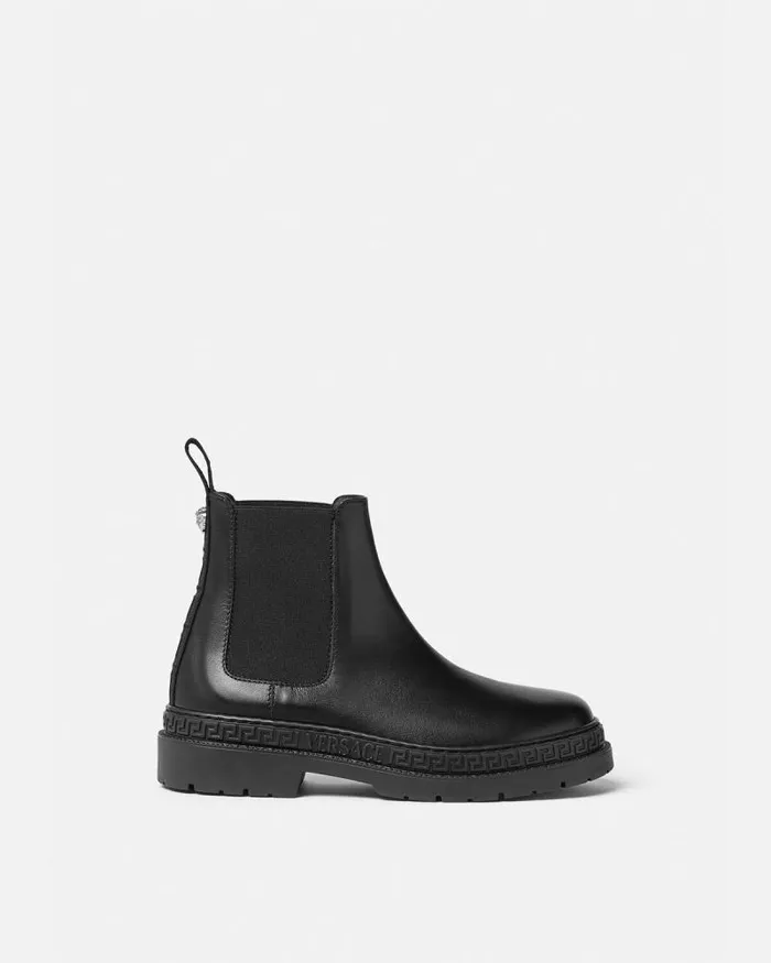 Greca Leather Kids Ankle Boots Blacksilver Children Versace Shoes
