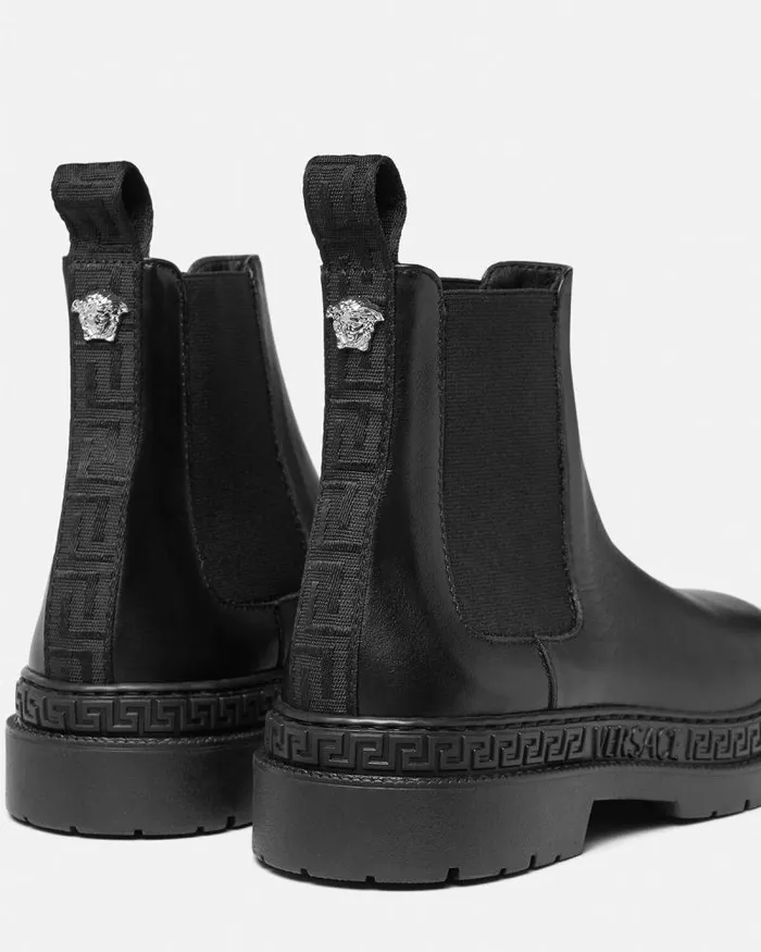 Greca Leather Kids Ankle Boots Blacksilver Children Versace Shoes