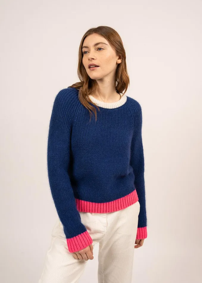 Hasparren ColorBlock Sweater In Mohair Wool Blend Blueneonpinkwinterwhite Women Saint James Breton Sweaters Hasparren ColorBlock Sweater In Mohair Wool Blend Blueneonpinkwinterwhite Women Saint James Breton Sweaters