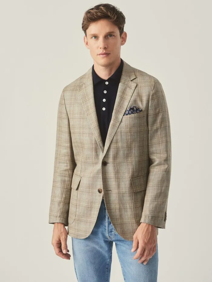 Jackets and Outerwear Men JMcLaughlin McCown Linen and Wool Sport Coat In Glen Plaid Tanbrownblue Jackets and Outerwear Men JMcLaughlin McCown Linen and Wool Sport Coat In Glen Plaid Tanbrownblue