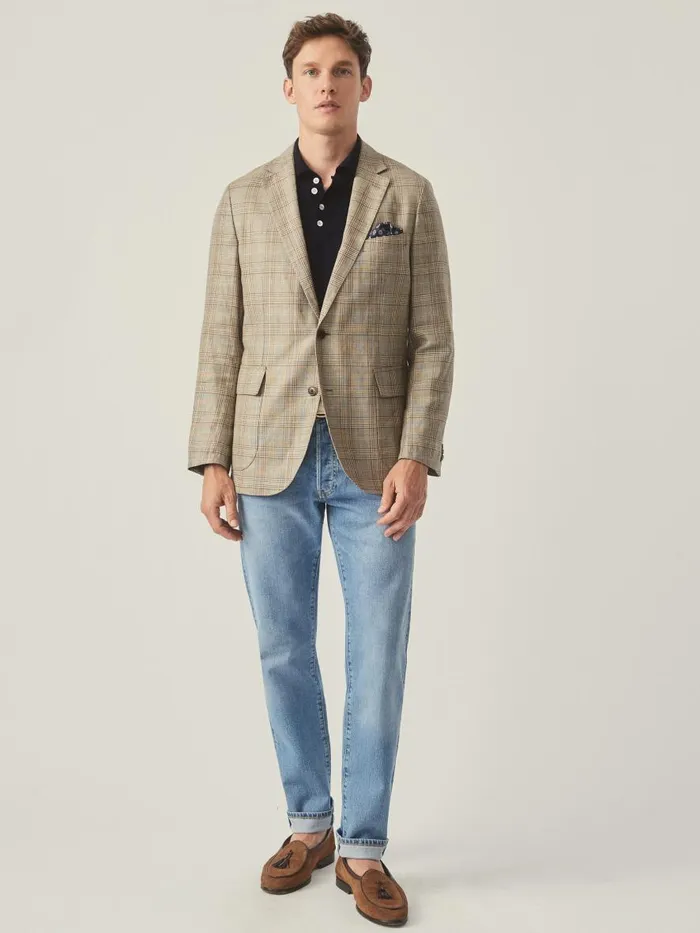 Jackets and Outerwear Men JMcLaughlin McCown Linen and Wool Sport Coat In Glen Plaid Tanbrownblue Jackets and Outerwear Men JMcLaughlin McCown Linen and Wool Sport Coat In Glen Plaid Tanbrownblue