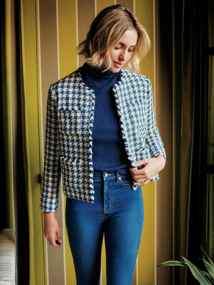 Jackets and Outerwear Women JMcLaughlin Martha Jacket In Houndstooth Whitenavylight Blue Jackets and Outerwear Women JMcLaughlin Martha Jacket In Houndstooth Whitenavylight Blue