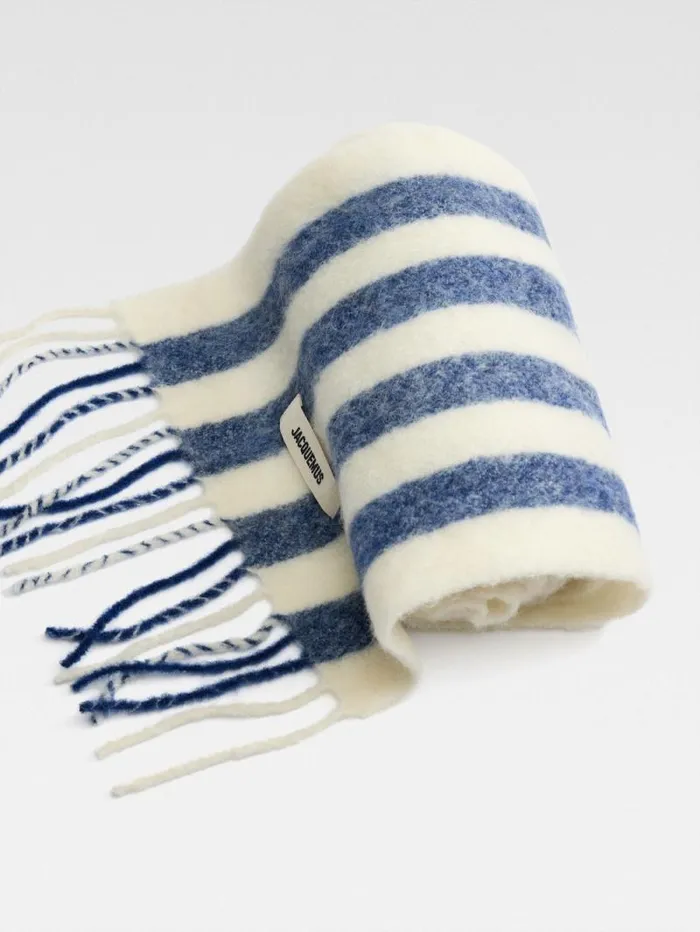 JACQUEMUS The Carro Scarf Print White and Blue Stripes WomenMen Scarves Beanies and Gloves