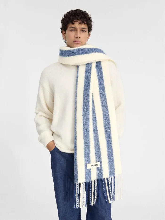 JACQUEMUS The Carro Scarf Print White and Blue Stripes WomenMen Scarves Beanies and Gloves