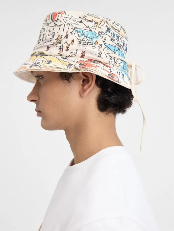 JACQUEMUS The Gadjo Bucket Hat Print Capri Cars White WomenMen Hats