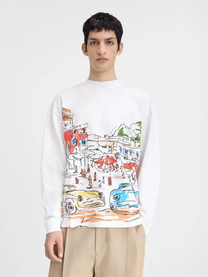 JACQUEMUS The Largo Longsleeve Tshirt Print Capri Cars White Men Tshirts