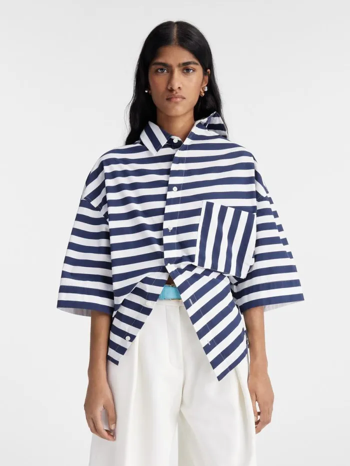 JACQUEMUS The Pablo Shortsleeve Shirt Print White and Blue Stripes Women Tops and Shirts JACQUEMUS The Pablo Shortsleeve Shirt Print White and Blue Stripes Women Tops and Shirts