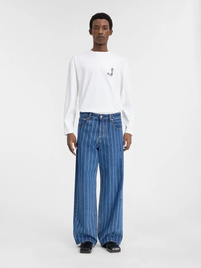 JACQUEMUS The Wide DeNmes Denim Pants Print Blue Stripes Men Denim