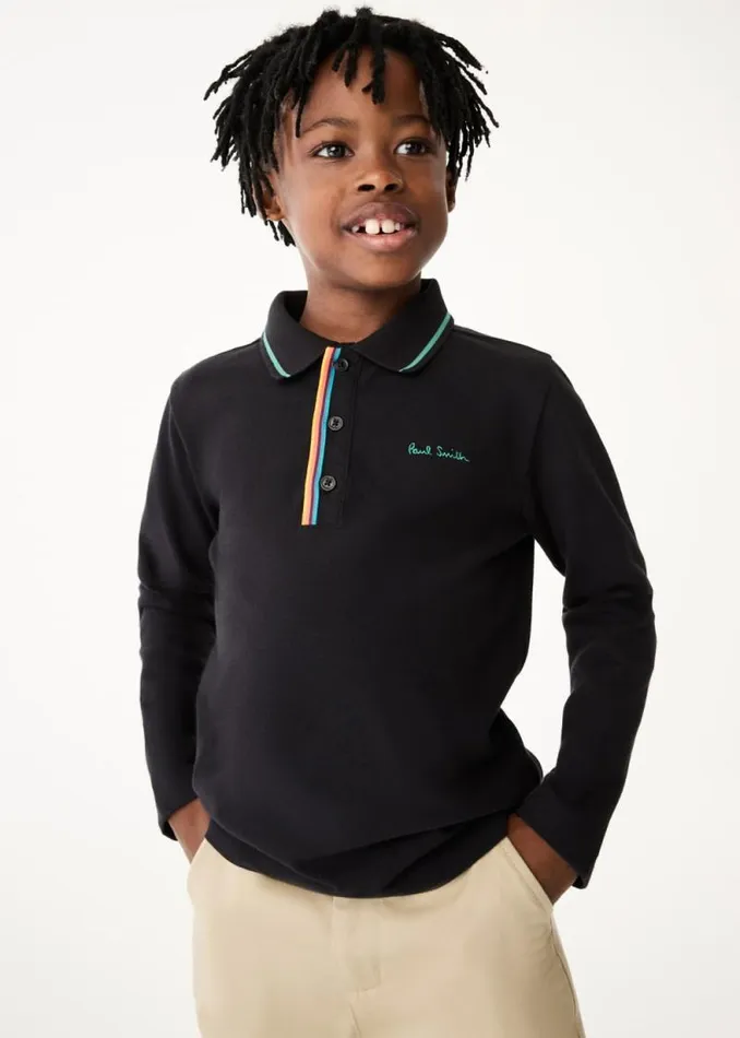 Junior Paul Smith Polo Shirts 213 Years Black Signature Logo Long Sleeve Polo Shirt Junior Paul Smith Polo Shirts 213 Years Black Signature Logo Long Sleeve Polo Shirt