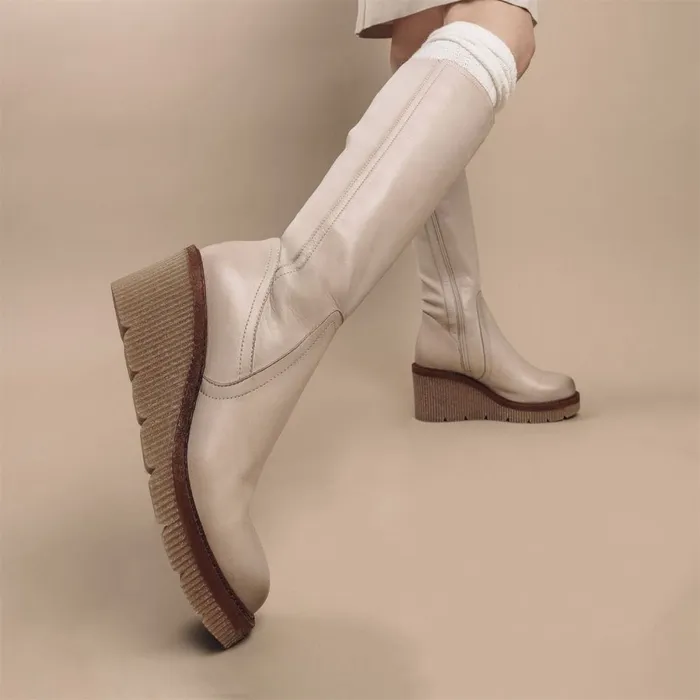 Knee High Boots Women Moda In Pelle Harpette Cream Leather