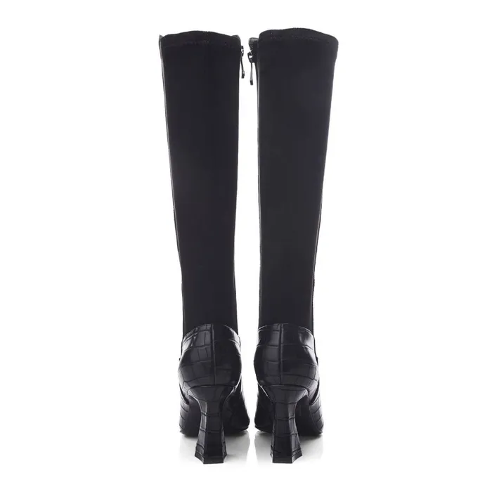 Knee High Boots Women Moda In Pelle Millea Black Patent Mocc Croc